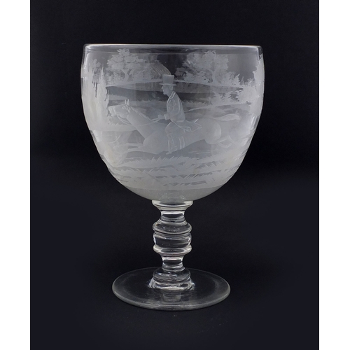 575 - Oversized 19th Century drinking goblet engraved with hunting scenes, 25cms high