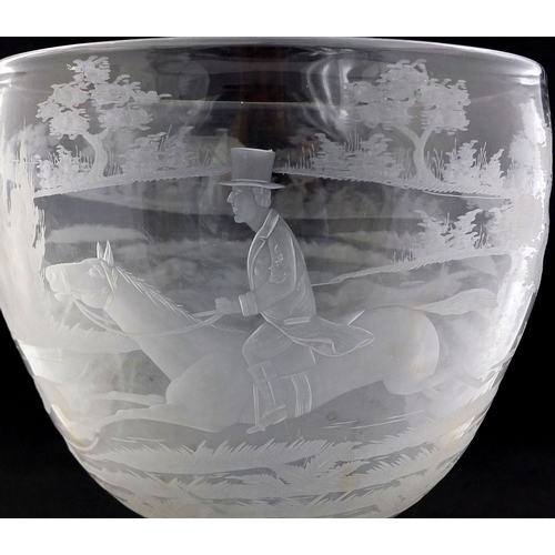 575 - Oversized 19th Century drinking goblet engraved with hunting scenes, 25cms high