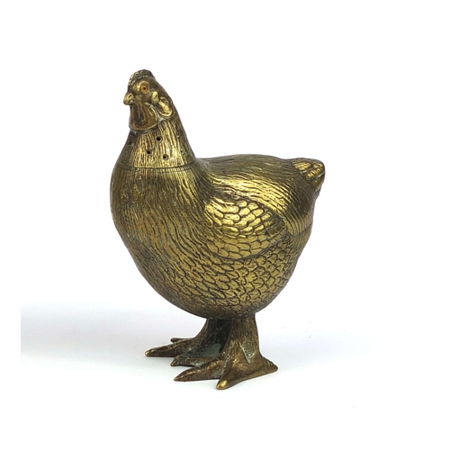 13 - Victorian brass three piece cruet set, each in the form of a chicken, one with impressed lozenge mar... 