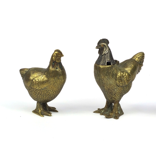 13 - Victorian brass three piece cruet set, each in the form of a chicken, one with impressed lozenge mar... 