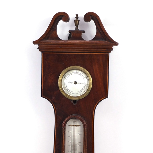 753 - Victorian inlaid mahogany barometer thermometer, with swan neck pediment and silvered dial, 99cm hig... 