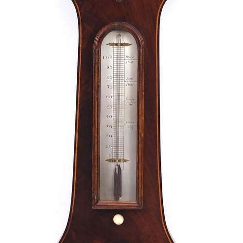 753 - Victorian inlaid mahogany barometer thermometer, with swan neck pediment and silvered dial, 99cm hig... 