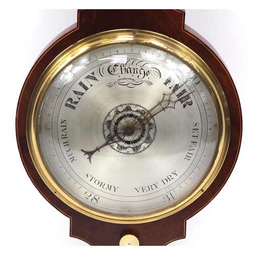 753 - Victorian inlaid mahogany barometer thermometer, with swan neck pediment and silvered dial, 99cm hig... 