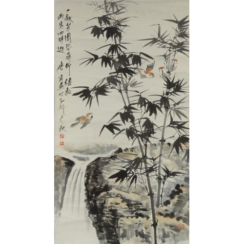 486 - Attributed to Yun Tang Chinese ink and watercolour onto paper scroll, bamboo and birds before a wate... 