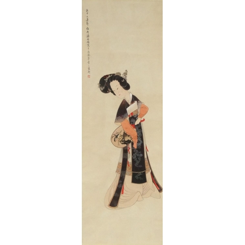 488 - Attributed to Zhenyong Pan Chinese ink and watercolour scroll, robed girl holding a fan, character m... 