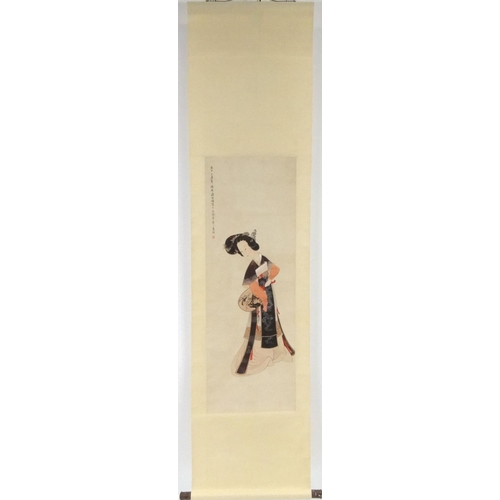 488 - Attributed to Zhenyong Pan Chinese ink and watercolour scroll, robed girl holding a fan, character m... 