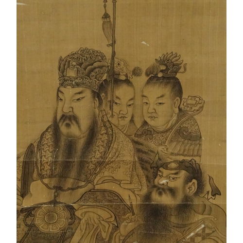 490 - Attributed to Huian Qian Chinese ink and watercolour onto silk scroll, an Emperor and his followers,... 