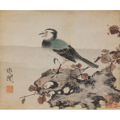 491 - Attributed to Feian Yu Chinese watercolour and ink onto paper scroll, bird on a stone, character and... 