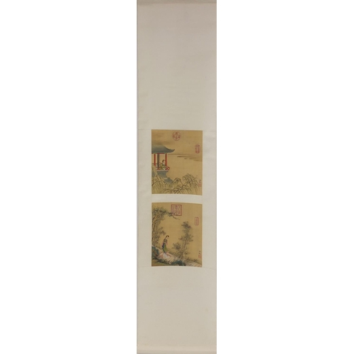 492 - Attributed to Mei Leng Chinese watercolour and ink onto silk scroll, two panels of the 'beauty', cha... 