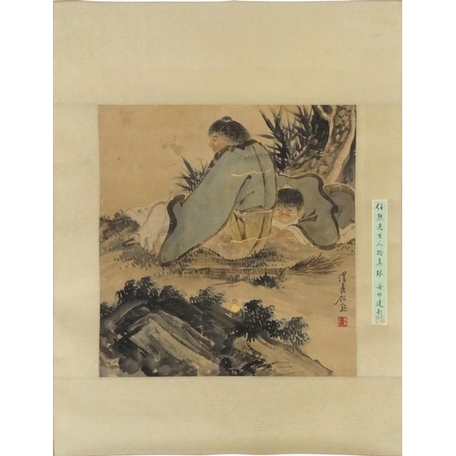 494 - Attributed to Xiong Ren Chinese ink and watercolour onto paper, resting Scholars, character marks, 4... 