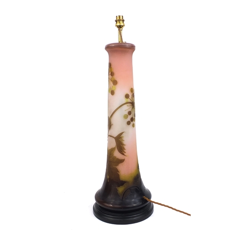 581 - Large Art Nouveau Galle three colour cameo glass lamp base, decorated with berrys and foliage, signe... 