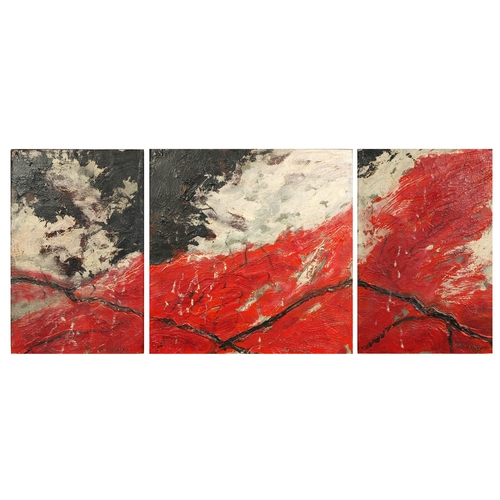 1023 - Triptych oil onto canvas, abstract composition, each bearing a signature Schumacher, mounted and orn... 