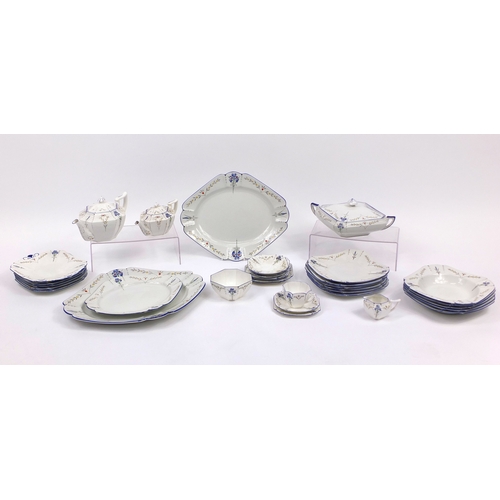628 - Art Deco Shelley Queen Anne shape diner set including two teapots, a lidded tureen, dinner plates et... 
