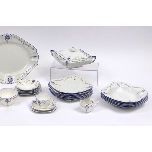 628 - Art Deco Shelley Queen Anne shape diner set including two teapots, a lidded tureen, dinner plates et... 