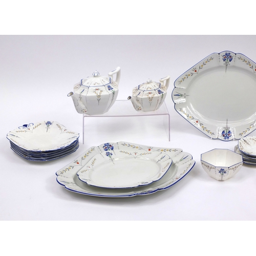 628 - Art Deco Shelley Queen Anne shape diner set including two teapots, a lidded tureen, dinner plates et... 