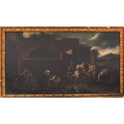 983 - 17th century oil onto canvas, figures outside a tavern at sunset, gilt framed, 94cm x 54cm excluding... 