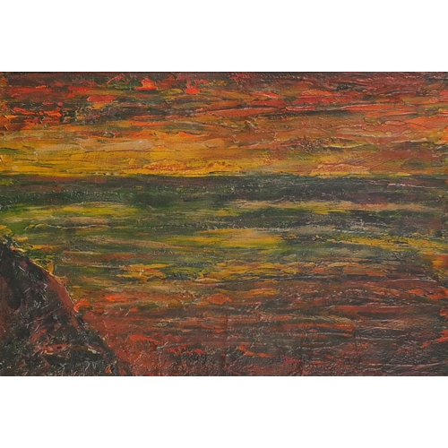 915 - Oil onto canvas abstract composition, sunrise, bearing an indistinct signature Peink? pencil inscrip... 