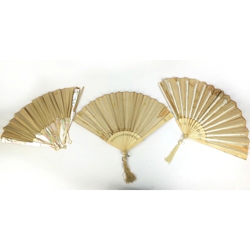 2372A - Three Victorian fans comprising two bone examples, both hand painted onto silk with flowers and bird... 