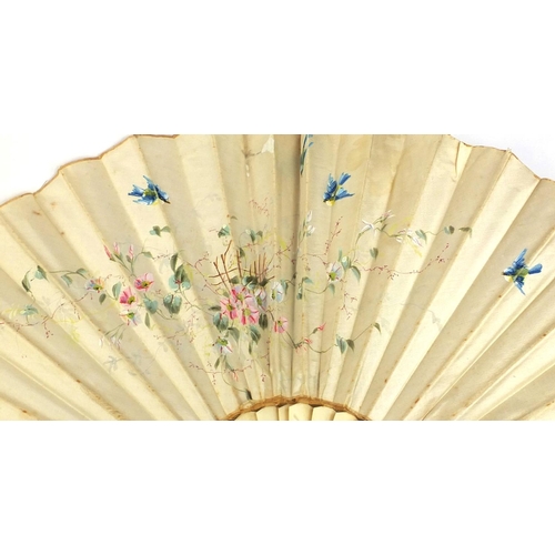 2372A - Three Victorian fans comprising two bone examples, both hand painted onto silk with flowers and bird... 