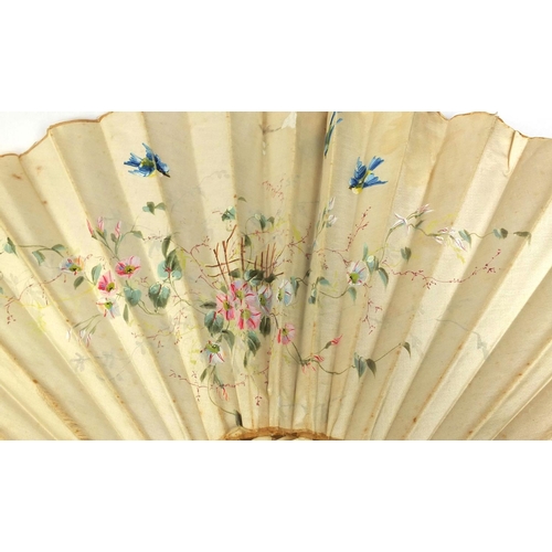 2372A - Three Victorian fans comprising two bone examples, both hand painted onto silk with flowers and bird... 