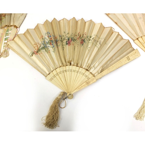 2372A - Three Victorian fans comprising two bone examples, both hand painted onto silk with flowers and bird... 