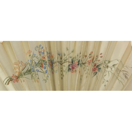 2372A - Three Victorian fans comprising two bone examples, both hand painted onto silk with flowers and bird... 