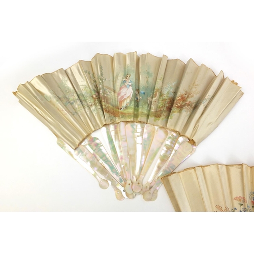 2372A - Three Victorian fans comprising two bone examples, both hand painted onto silk with flowers and bird... 