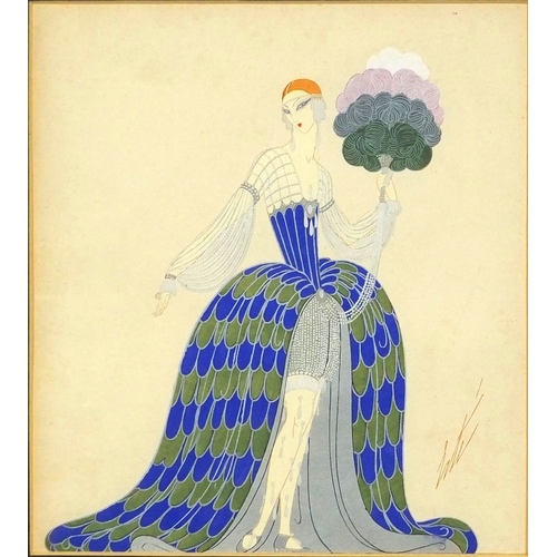 893 - Erté - Mixed media onto paper, lady wearing a wide dress holding a fan, inscribed verso, mounted and... 