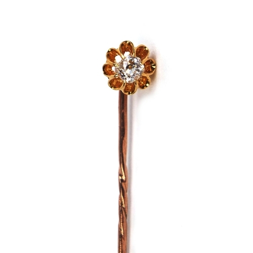 827 - Unmarked gold diamond solitaire tie pin, 5.5cm long, approximate weight 1.8g