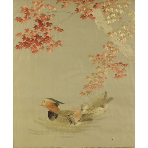 483 - Chinese silk embroidered picture of two ducklings, framed, 79cm x 62cm excluding the frame