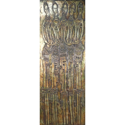 970 - Bruce Onobrakpeya - Metal foil relief mounted onto board, five standing figures, date 1982, titled '... 