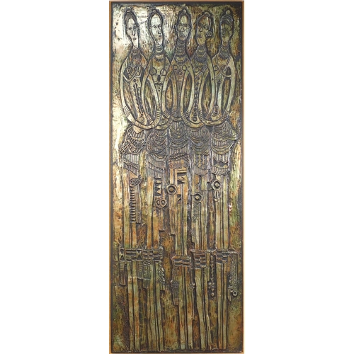 970 - Bruce Onobrakpeya - Metal foil relief mounted onto board, five standing figures, date 1982, titled '... 