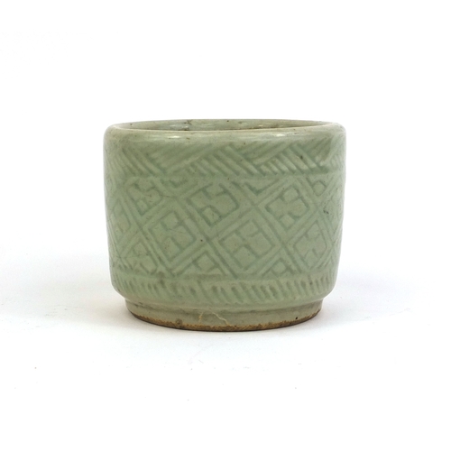 416 - Chinese celadon glazed stoneware brush pot with incised geometric decoration, (PROVENANCE: Previousl... 