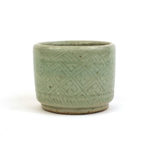 416 - Chinese celadon glazed stoneware brush pot with incised geometric decoration, (PROVENANCE: Previousl... 