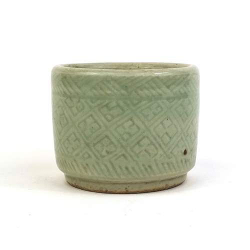 416 - Chinese celadon glazed stoneware brush pot with incised geometric decoration, (PROVENANCE: Previousl... 