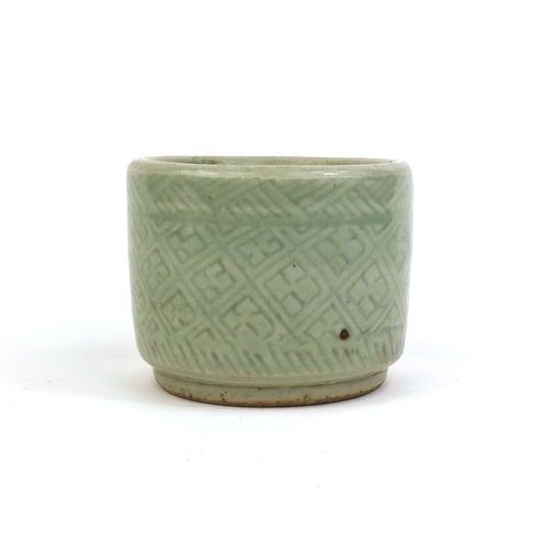 416 - Chinese celadon glazed stoneware brush pot with incised geometric decoration, (PROVENANCE: Previousl... 