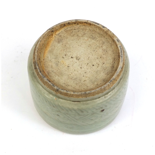 416 - Chinese celadon glazed stoneware brush pot with incised geometric decoration, (PROVENANCE: Previousl... 