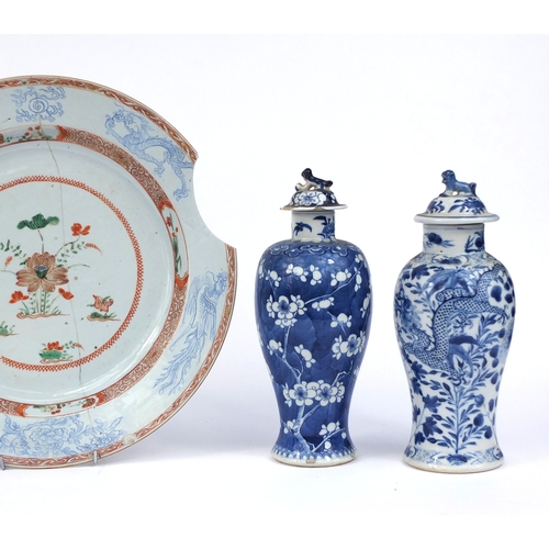 410 - Group of Chinese ceramics including to baluster vases with covers, one hand painted with dragons, an... 