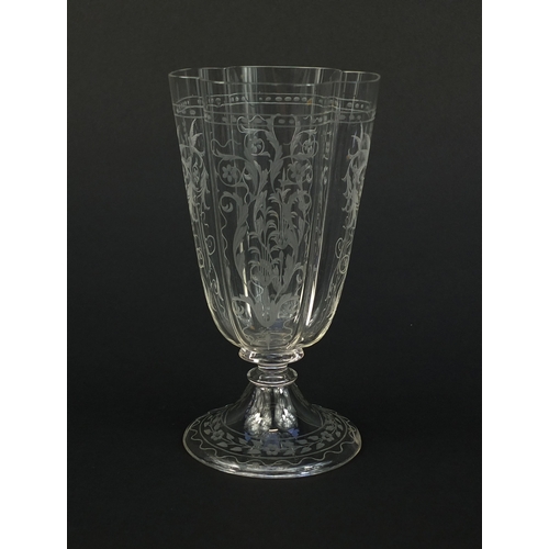 570 - Set of six 19th century Josef Lobmeyr fluted drinking glasses, each etched with birds and foliage, e... 