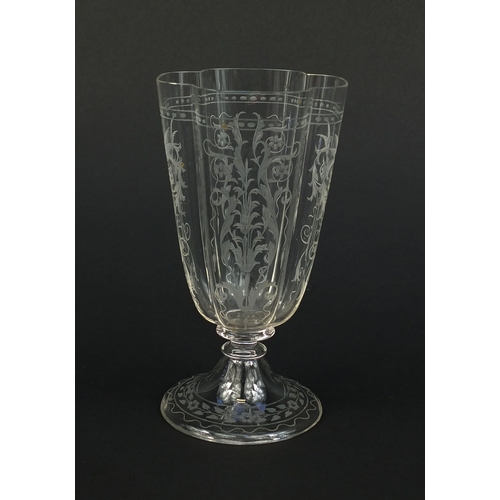 570 - Set of six 19th century Josef Lobmeyr fluted drinking glasses, each etched with birds and foliage, e... 