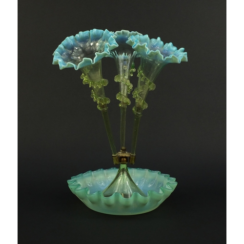 576 - Victorian pale blue frilled Vaseline glass three branch epergne, 38cm high