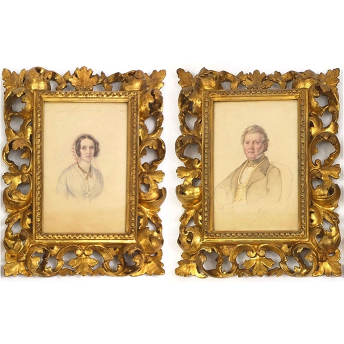 906 - Pair of well detailed 19th century watercolour portraits, one of a formerly dressed gentleman seated... 