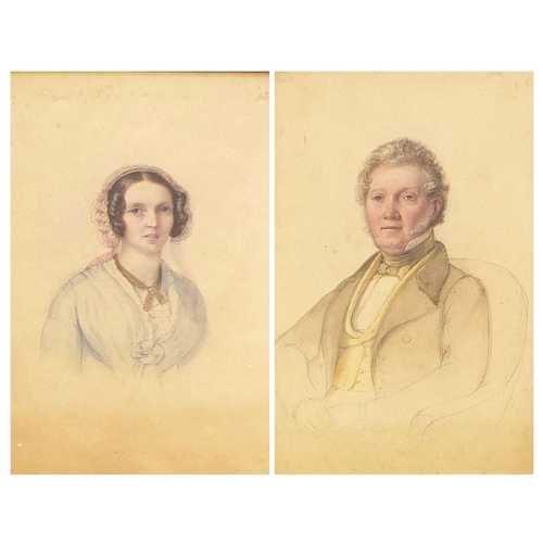 906 - Pair of well detailed 19th century watercolour portraits, one of a formerly dressed gentleman seated... 