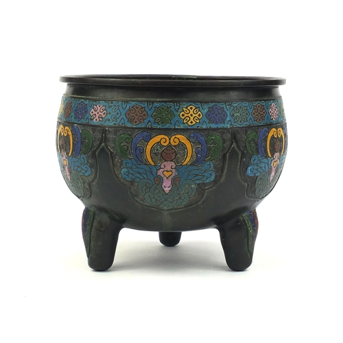 467 - Chinese bronze cloisonne three footed censor, with stylised floral decoration, six figure character ... 