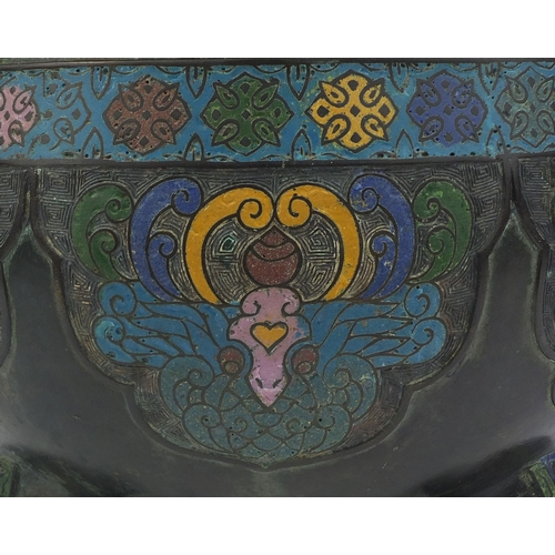 467 - Chinese bronze cloisonne three footed censor, with stylised floral decoration, six figure character ... 