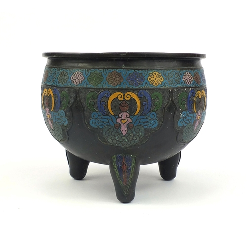 467 - Chinese bronze cloisonne three footed censor, with stylised floral decoration, six figure character ... 