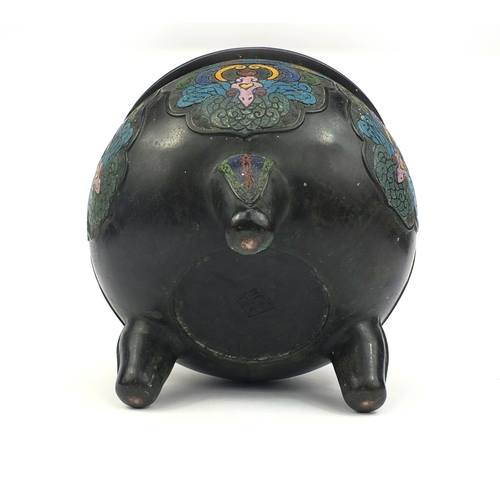 467 - Chinese bronze cloisonne three footed censor, with stylised floral decoration, six figure character ... 