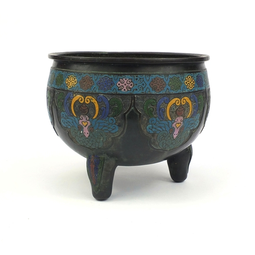 467 - Chinese bronze cloisonne three footed censor, with stylised floral decoration, six figure character ... 