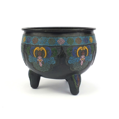 467 - Chinese bronze cloisonne three footed censor, with stylised floral decoration, six figure character ... 