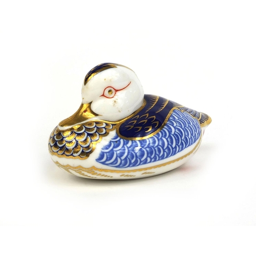 2089 - Royal Crown Derby duck paperweight with gold stopper, factory marks to the base, 7cm high